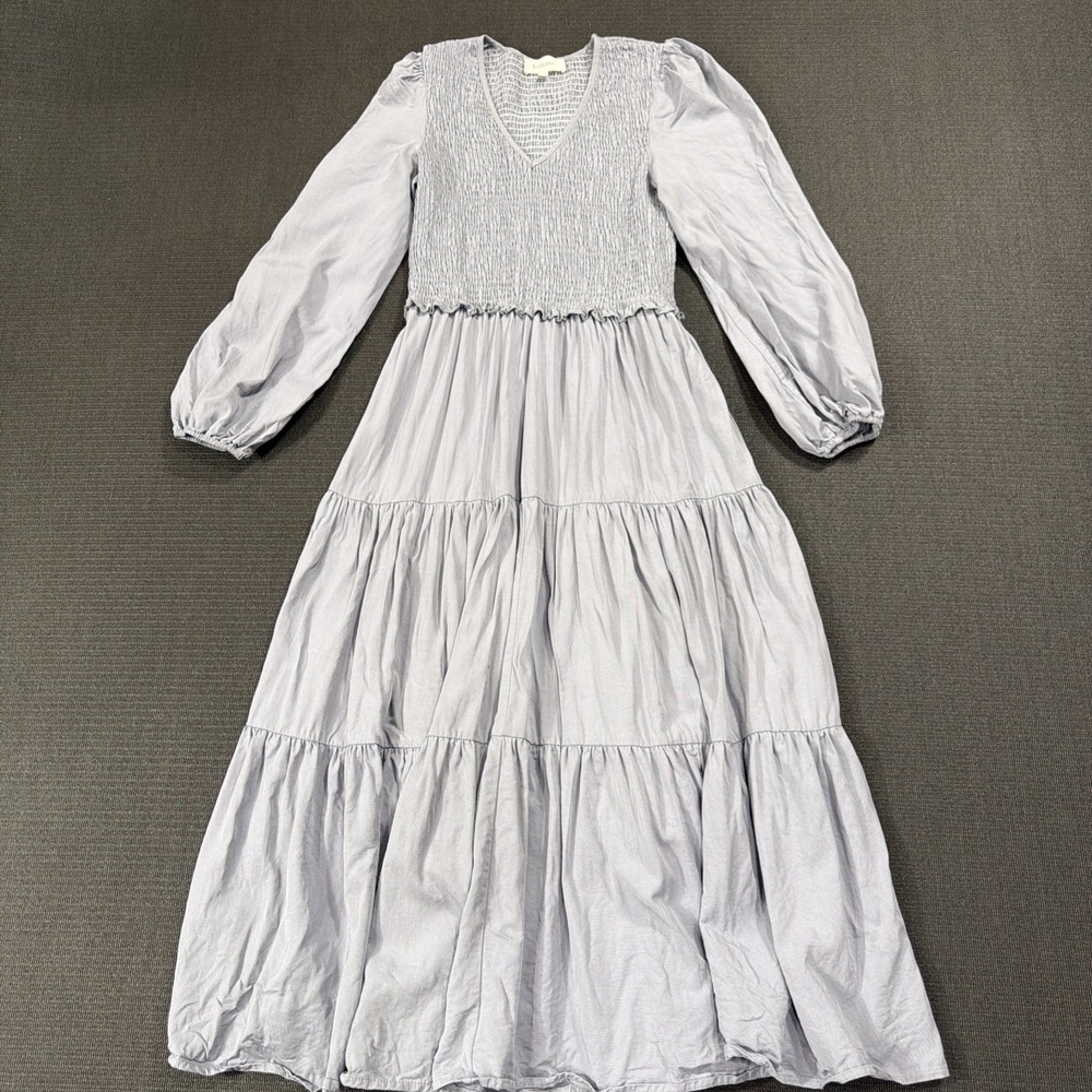 Bohme Smocked Tiered Midi Dress in Gray Blue Size XS Boho Cottage Core‎ Dress